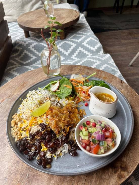 Persian rice with pomegranate walnuts sauce (Adas Polo)